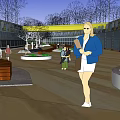 Public Open Area With Wooden Floor Circular Planters Steps And People Walking