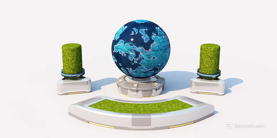 Modern Road Facilities With Green Cylindrical Structures And Grass Turf Platform 3d model