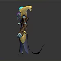 Woman Wizard Character With Blue Skin Golden Helmet Purple Robe And Skull Staff
