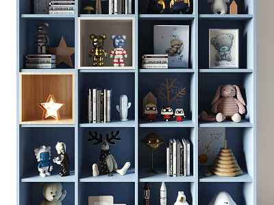 Cozy Blue Decorative Cabinet with Stuffed Toys Books Star Lights and Figurines 3d model