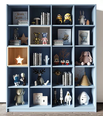 Cozy Blue Decorative Cabinet with Stuffed Toys Books Star Lights and Figurines 3d model