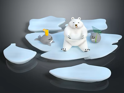 Cute Cartoon Scene With Polar Bear Sitting On Ice Floes And Playful Seals 3d model