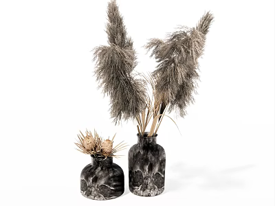 Decorative Textured Dark Vases With Dried Pampas Grass Floral Arrangement 3d model