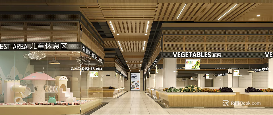 Supermarket Department Store Modern Interior Design Wooden Ceiling Vegetable Chinese Glass Dishes Display Counters 3d model 