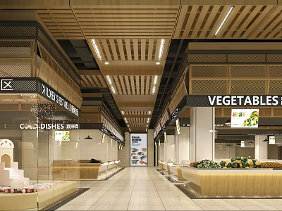 Supermarket Department Store Modern Interior Design Wooden Ceiling Vegetable Chinese Glass Dishes Display Counters 3d model