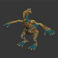 Fantasy Character Mechanical Bird Creature With Blue Gold Ornate Wings Claws Metallic Texture