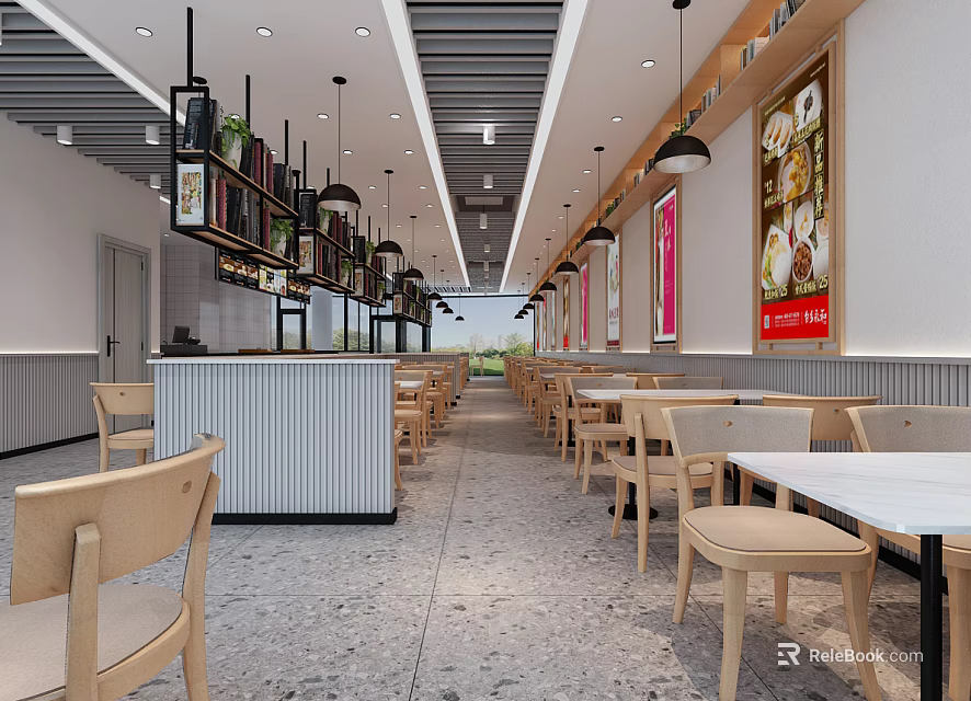 Modern Restaurant Interior With Counter Dining Tables Chairs Hanging Lights And Menu Posters 3d model