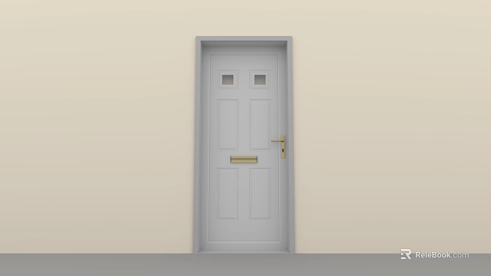 White Front Door With Two Small Windows Gold Handle And Mail Slot 3d model