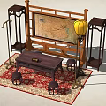 Chinese Style Tea Table with Screen Lantern and Wooden Stools on Patterned Rug 3d model