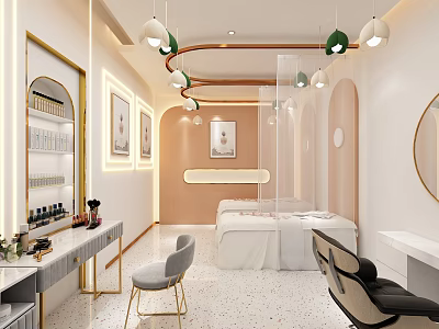 Modern Beauty and Hair Salon Interior with Decorative Lights Beauty Bed and Styling Chairs 3d model