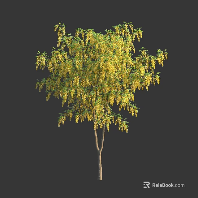 Tall Arbor With Hanging Yellow Flowers And Green Leaves On Brown Trunk 3d model 
