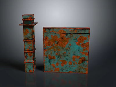 Rusted Turquoise Decorative Pillar And Square Box With Orange Rust Details 3d model