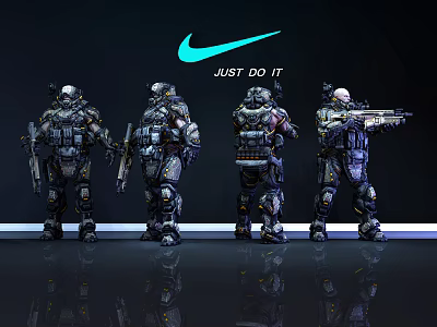 Game Movie Characters Four Futuristic Armored Soldiers In Mechanical Suits With Rifles 3d model