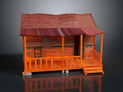 Wooden Cabin With Red Roof And Orange Wooden Porch Railing And Steps 3d model