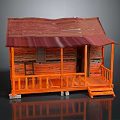 Wooden Cabin With Red Roof And Orange Wooden Porch Railing And Steps