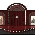 Red Stage Setup Featuring Arched Door Microphone Lights Bulb Decorations And Old Photo Windows