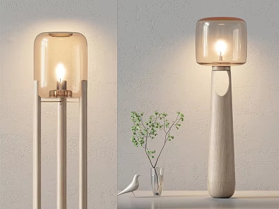 Modern Floor Lamp with Wooden Stand Transparent Shade Illuminated Beside Small Plant and Bird Ornament 3d model