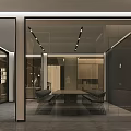 Modern Open Office Interior With Hanging Lights Desks Chairs Bookshelf Marble Countertop And City View