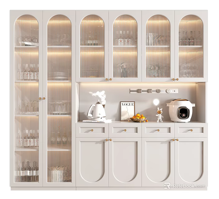 Elegant White Wine Cabinet With Glass Doors Interior Lighting And Decorative Items 3d model 