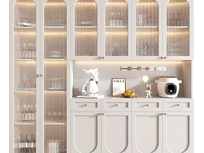 Elegant White Wine Cabinet With Glass Doors Interior Lighting And Decorative Items 3d model