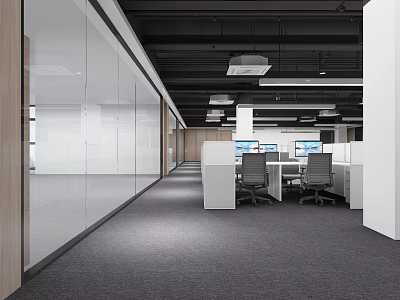 Public Office Area With Modern Glass Partitions Workstations Computers And Gray Carpet 3d model