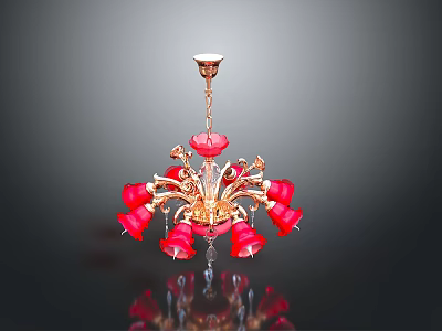Red Chandelier with Golden Metal Frame and Decorative Red Shades for Interior Lighting 3d model