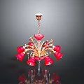 Red Chandelier with Golden Metal Frame and Decorative Red Shades for Interior Lighting