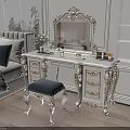 Elegant White Gold Dressing Table with Ornate Mirror and Blue Velvet Stool in Classic Bedroom