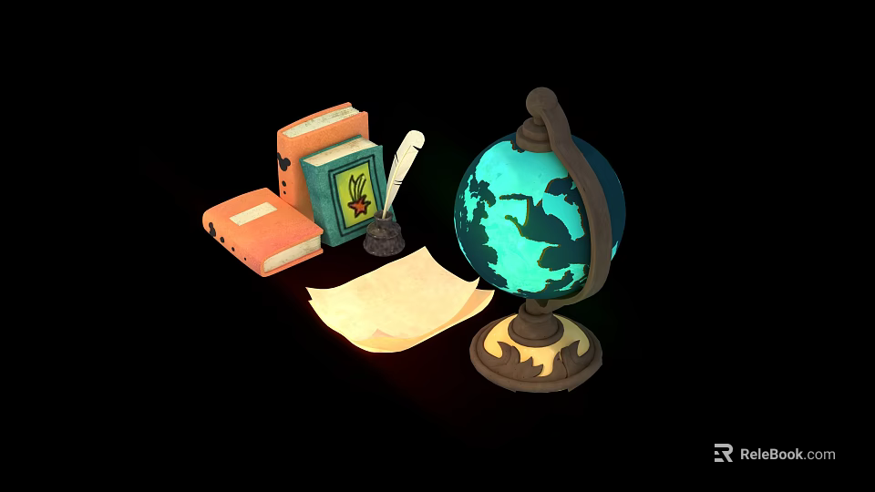 Vintage Decorative Ornament Set with Globe Books Quill Pen and Paper 3d model 