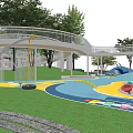 Kids Play Area Design With Net Stairs Blue Canopies Colorful Flooring And Green Plant