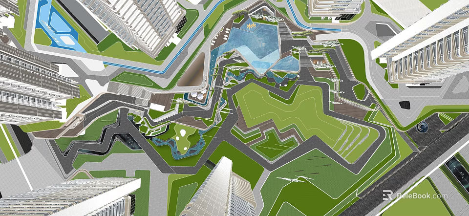 Residential Landscape Design With Green Spaces Water Features And Modern Buildings 3d model 
