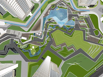 Residential Landscape Design With Green Spaces Water Features And Modern Buildings 3d model