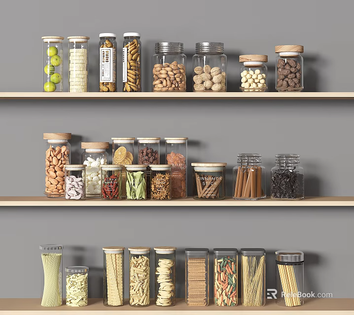 Organized Various Foods Stored In Glass Jars On Wooden Shelves Against Gray Background 3d model 
