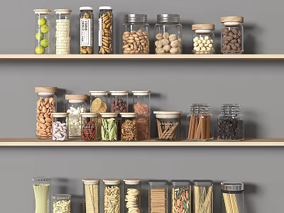 Organized Various Foods Stored In Glass Jars On Wooden Shelves Against Gray Background 3d model
