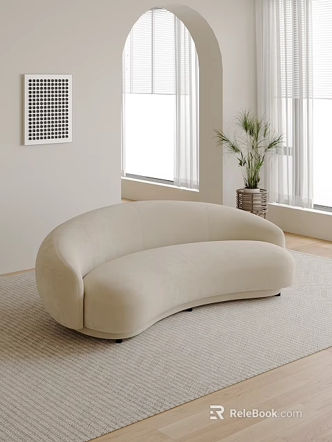 Beige Curved Velvet Sectional Sofa In Modern Living Room With Windows Plant And Rug 3d model 