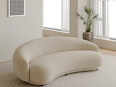 Beige Curved Velvet Sectional Sofa In Modern Living Room With Windows Plant And Rug 3d model