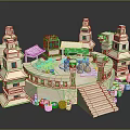 Playful Cartoon Castle Scene With Round Platform Towers Stairs And Small Decor Items