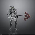Silver White Armored Character with Helmet Holding Red Weapon Standing on Dark Reflective Surface