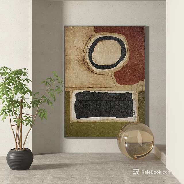 Abstract Painting With Circular Black Shape And Rectangular Forms In Beige Red Green On Wall 3d model