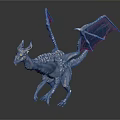 Detailed 3D Mythical Dragon Model with Silver Body Blue Wings and Horned Head