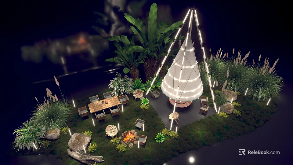 Outdoor Garden Landscape With Illuminated Tepee Campfire Dining Table And Lush Green Plants 3d model 