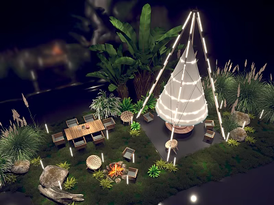Outdoor Garden Landscape With Illuminated Tepee Campfire Dining Table And Lush Green Plants 3d model