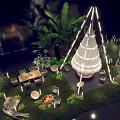 Outdoor Garden Landscape With Illuminated Tepee Campfire Dining Table And Lush Green Plants