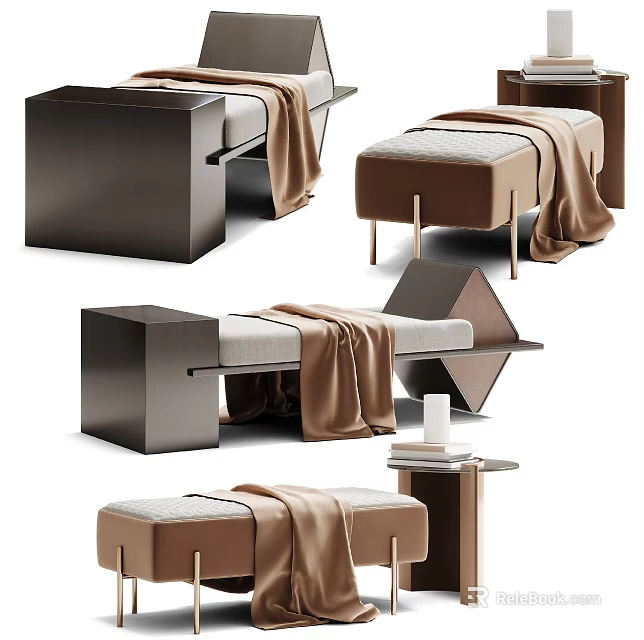 Modern Ottoman Bench With Upholstered Seat Wooden Frame And Cozy Blanket Design 3d model 