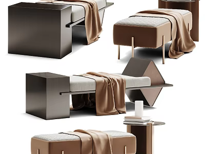 Modern Ottoman Bench With Upholstered Seat Wooden Frame And Cozy Blanket Design 3d model