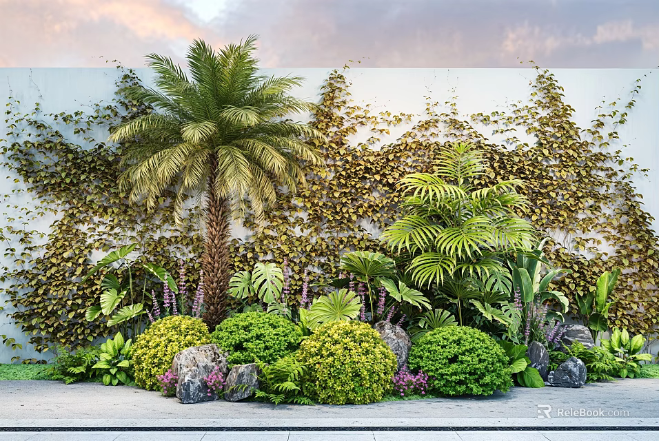 Flowering Plants And Green Bushes With Palm Tree By Ivy Covered Wall In Lush Garden 3d model 