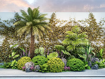 Flowering Plants And Green Bushes With Palm Tree By Ivy Covered Wall In Lush Garden 3d model