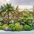 Flowering Plants And Green Bushes With Palm Tree By Ivy Covered Wall In Lush Garden
