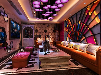 Elegant KTV Lounge Interior With Colorful Stained Glass Chandelier And Orange Sofa 3d model