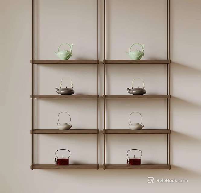 Colorful Teapots Arranged on Modern Metal Shelf with Green Dark Gray Light Gray Red Hues 3d model 